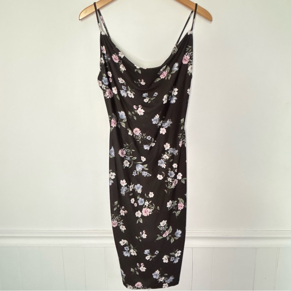 Iris Women's Black Floral Cowlneck Midi Slip Dress Size Small -Medium Whimsy Y2k